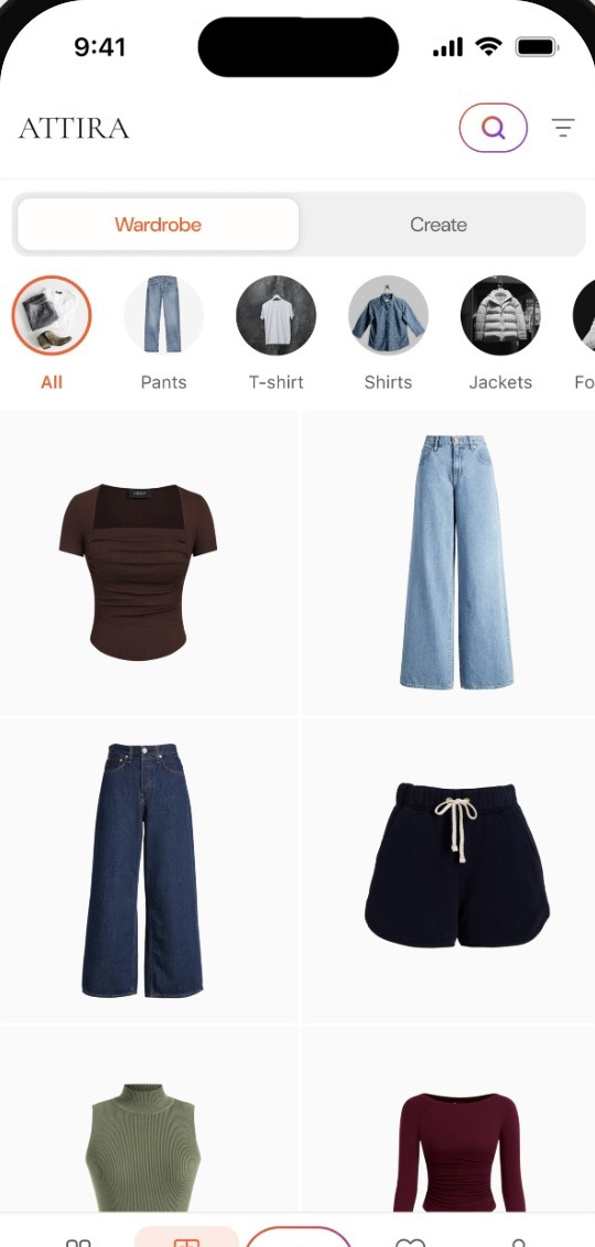 The Attira app — Wardrobe screen